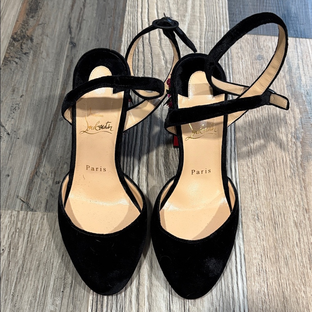 Christian Louboutin Black Velvet Heels with Floral Accents! - Picture 8 of 8